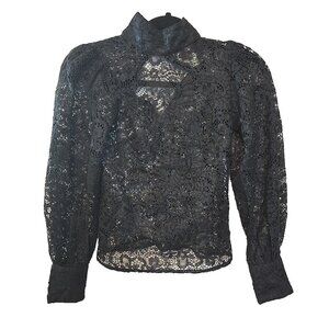 Farm Rio Black Lace blouse Balloon Sleeves Button Cuffs‎ high neck size XXS New